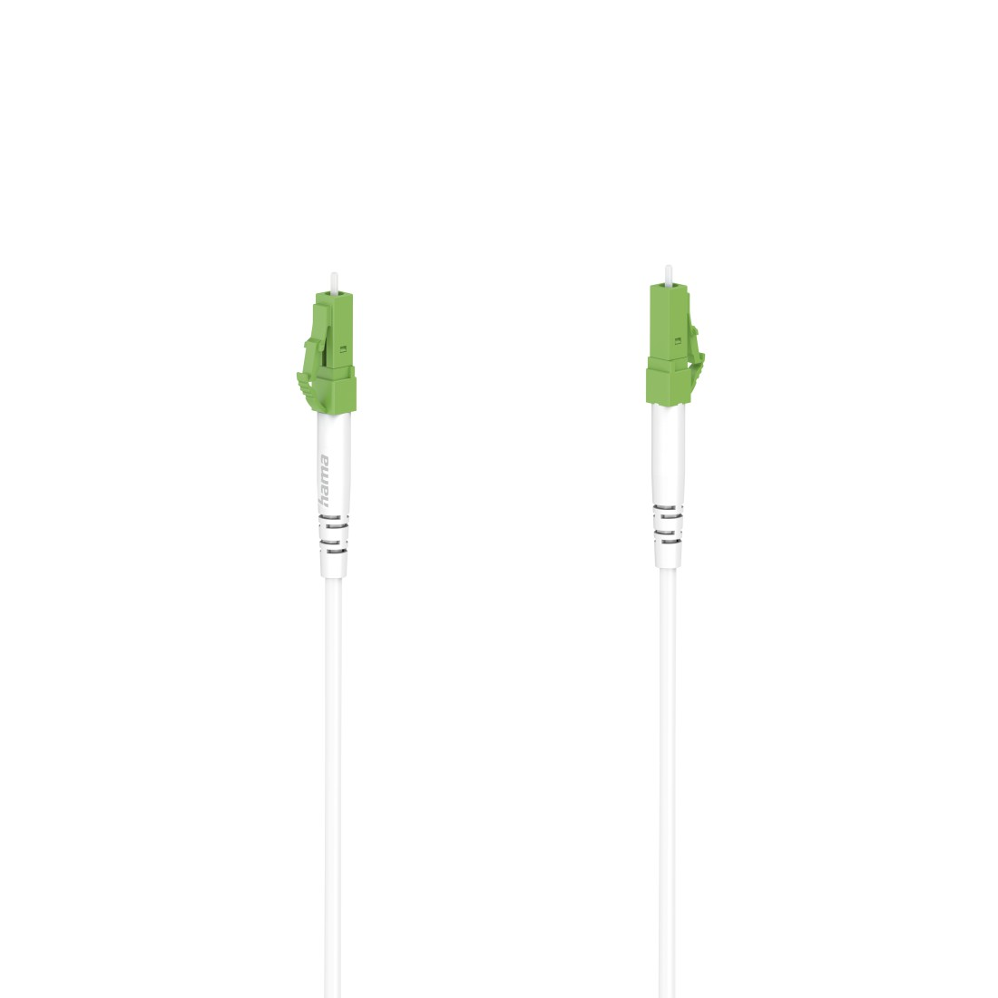 Zwei weiße Kabel mit grünen Steckern auf weißem Hintergrund.