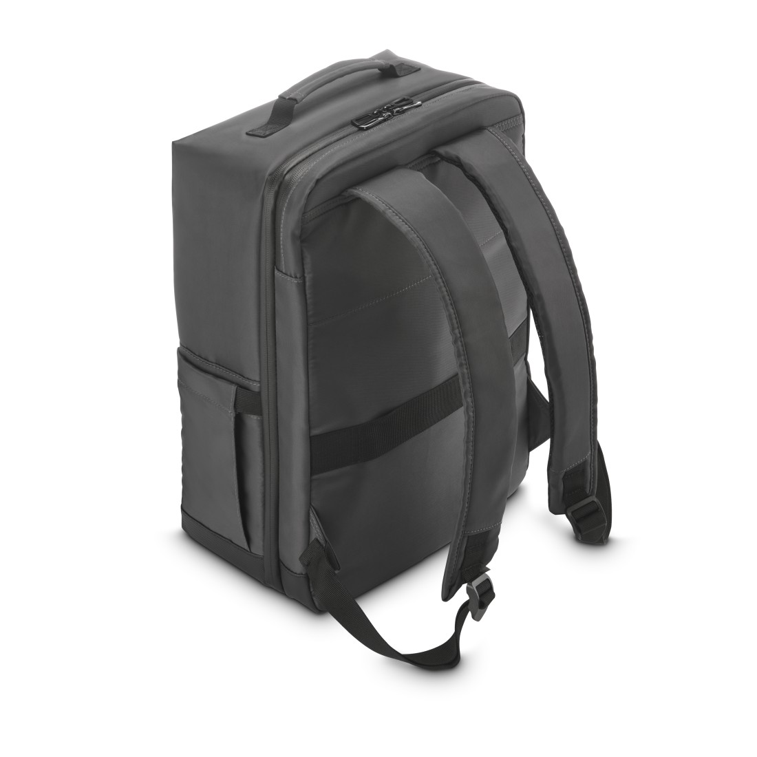 Grauer Rucksack mit Trägern und Reißverschluss. Praktische Außentaschen.