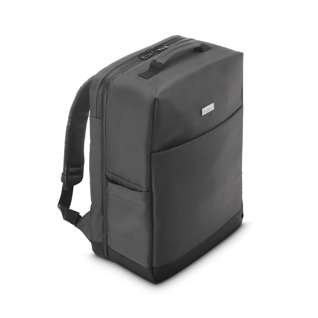 Grauer Rucksack mit zwei Reißverschlüssen und seitlichen Taschen.
