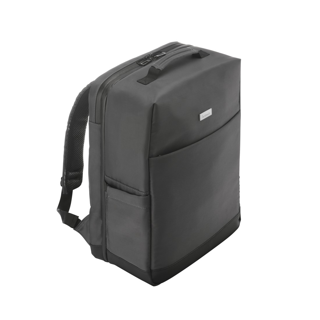 Ein grauer Rucksack mit einem oberen Griff und einem Reißverschluss.