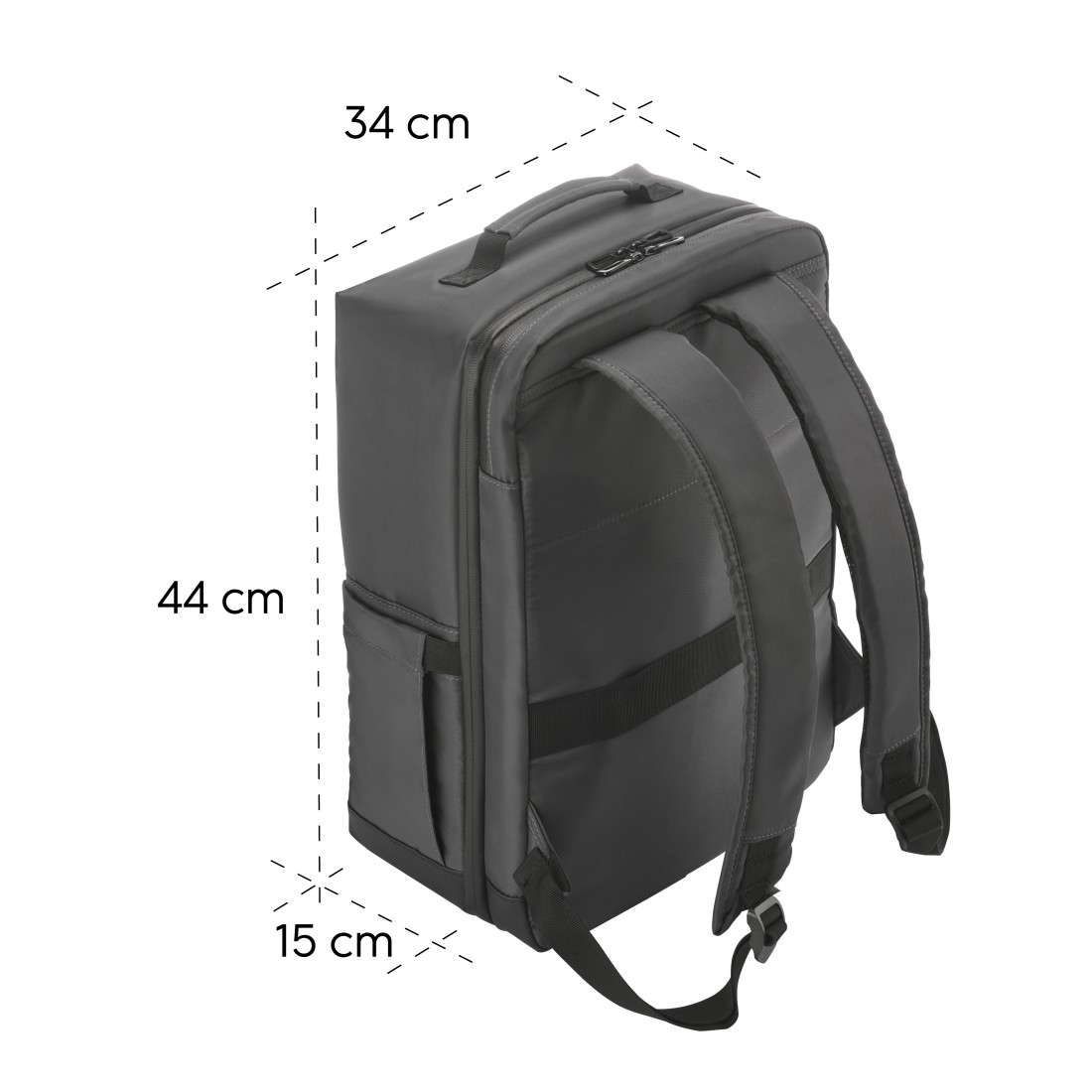 Grauer Rucksack mit Maßen 34x44x15 cm, mit Tragegriff und Riemen.