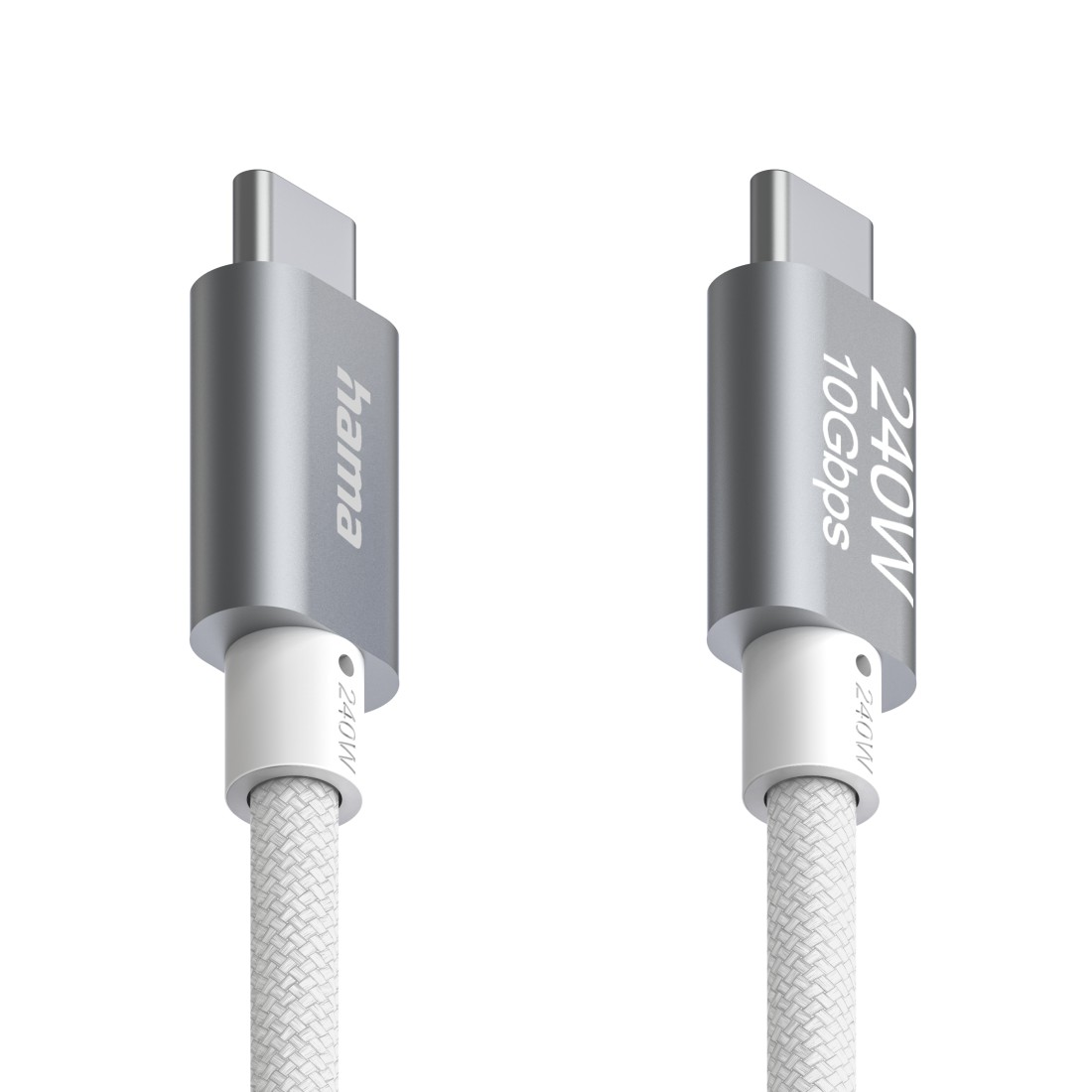 Zwei weiße USB-C-Kabel mit silbernen Anschlüssen auf weißem Hintergrund.