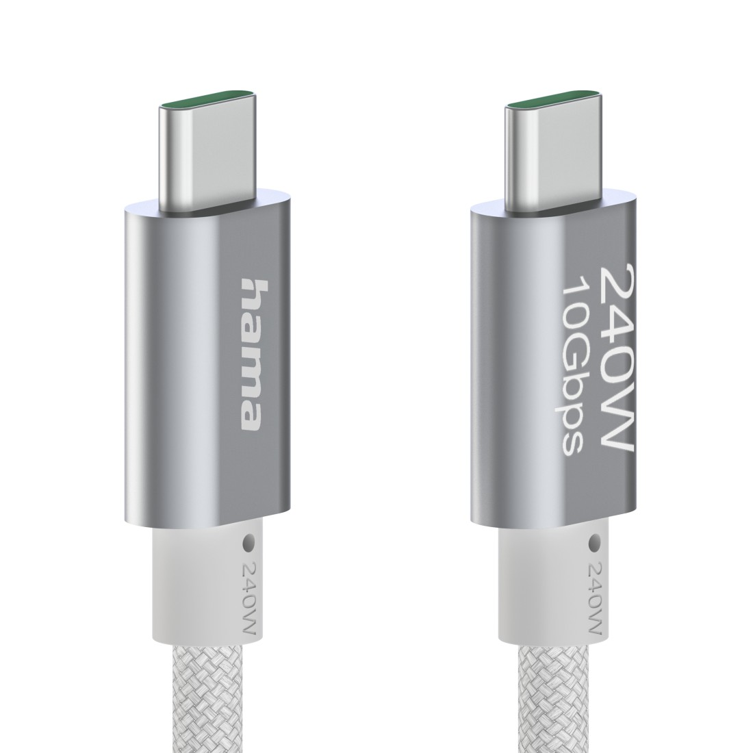 Zwei silberne USB-C-Kabel mit weißen, geflochtenen Schnüren. Eines beschriftet mit 'hama'.