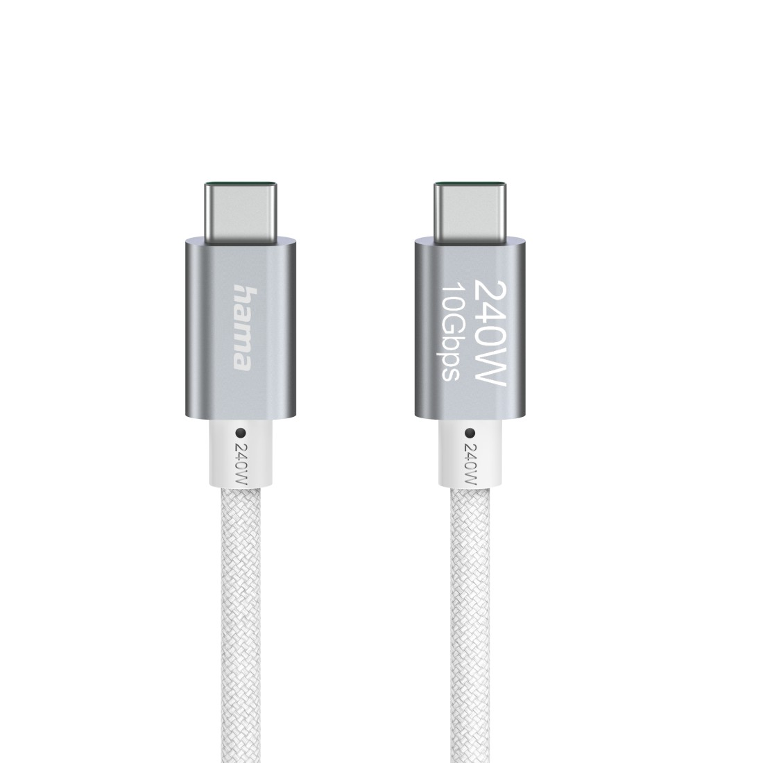 Zwei silberne USB-C-Kabel mit weißem Geflecht, eines mit Hama-Logo, das andere mit 240W 10Gbps.