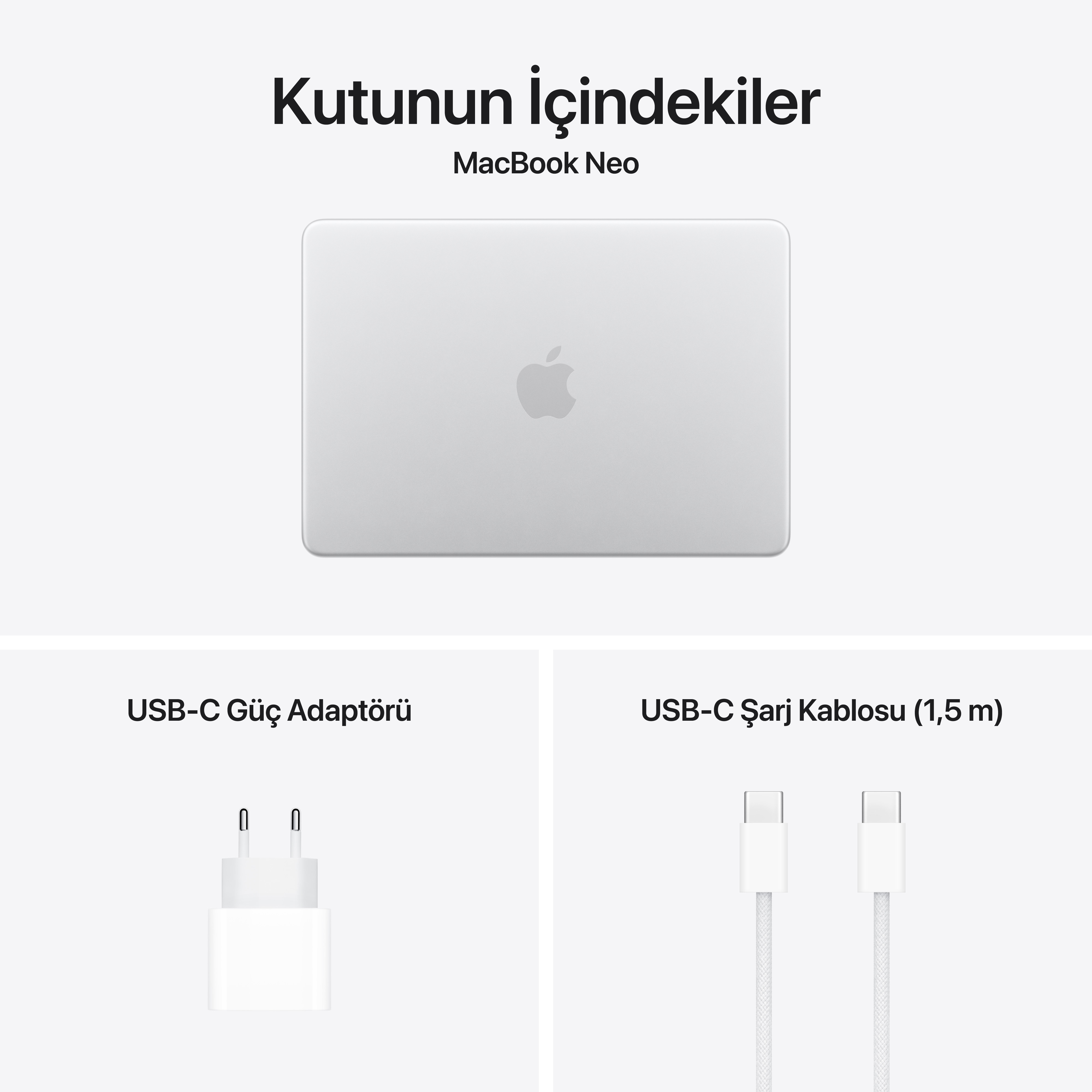 Kutu içeriği: MacBook Neo, USB-C Güç Adaptörü, USB-C Şarj Kablosu.