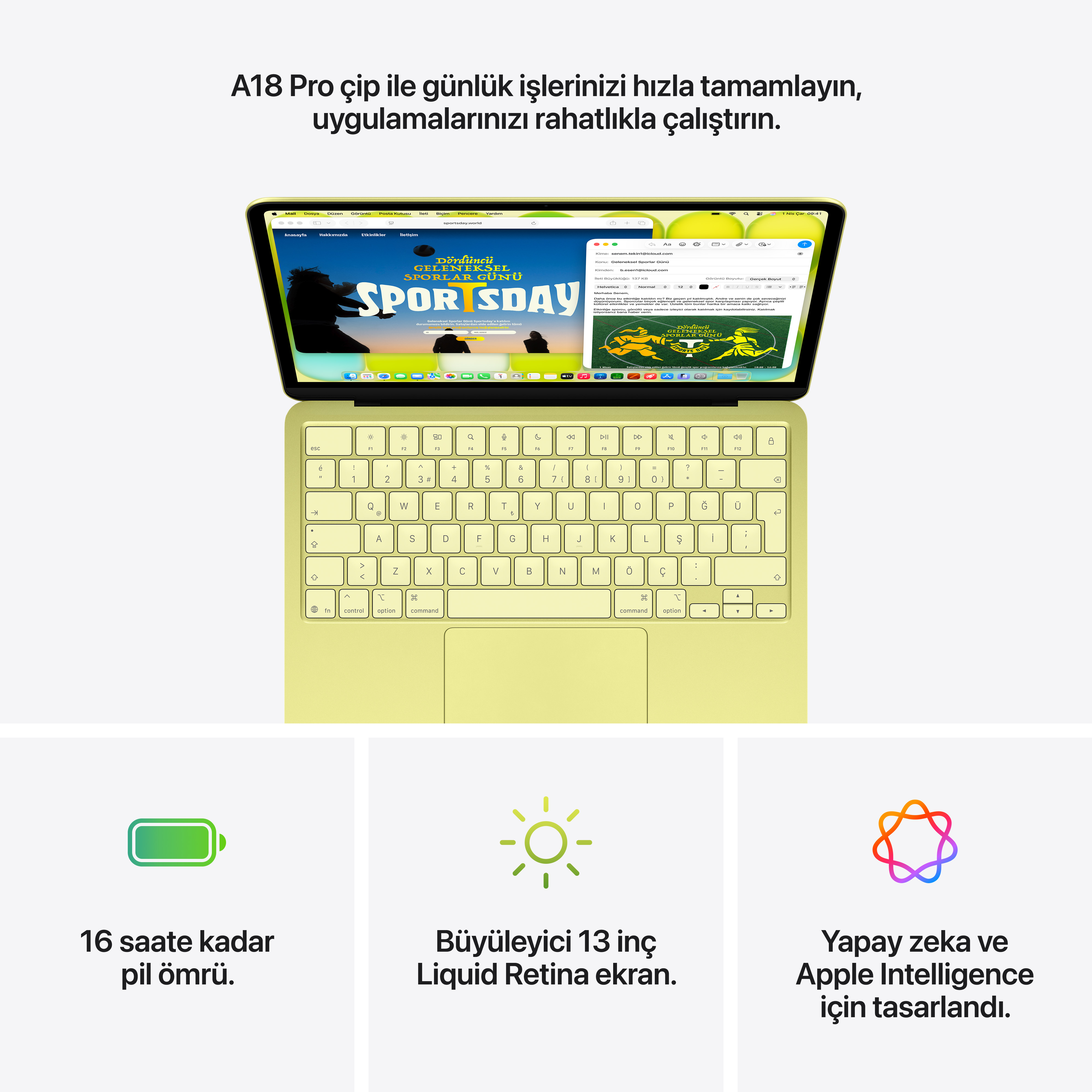 Ekranında 'Sportsday' web sayfası gösteren açık sarı MacBook.