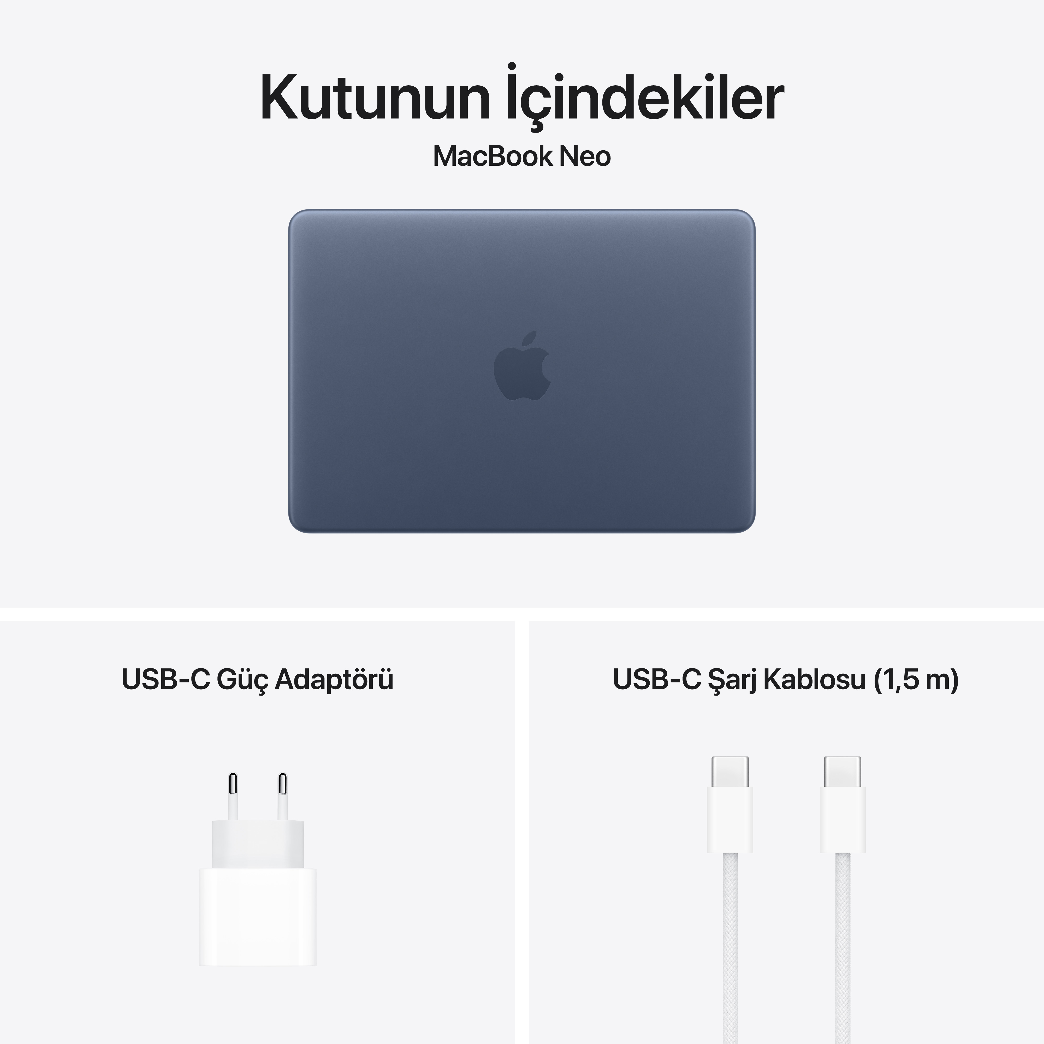 MacBook Neo, güç adaptörü ve USB-C kablosu.