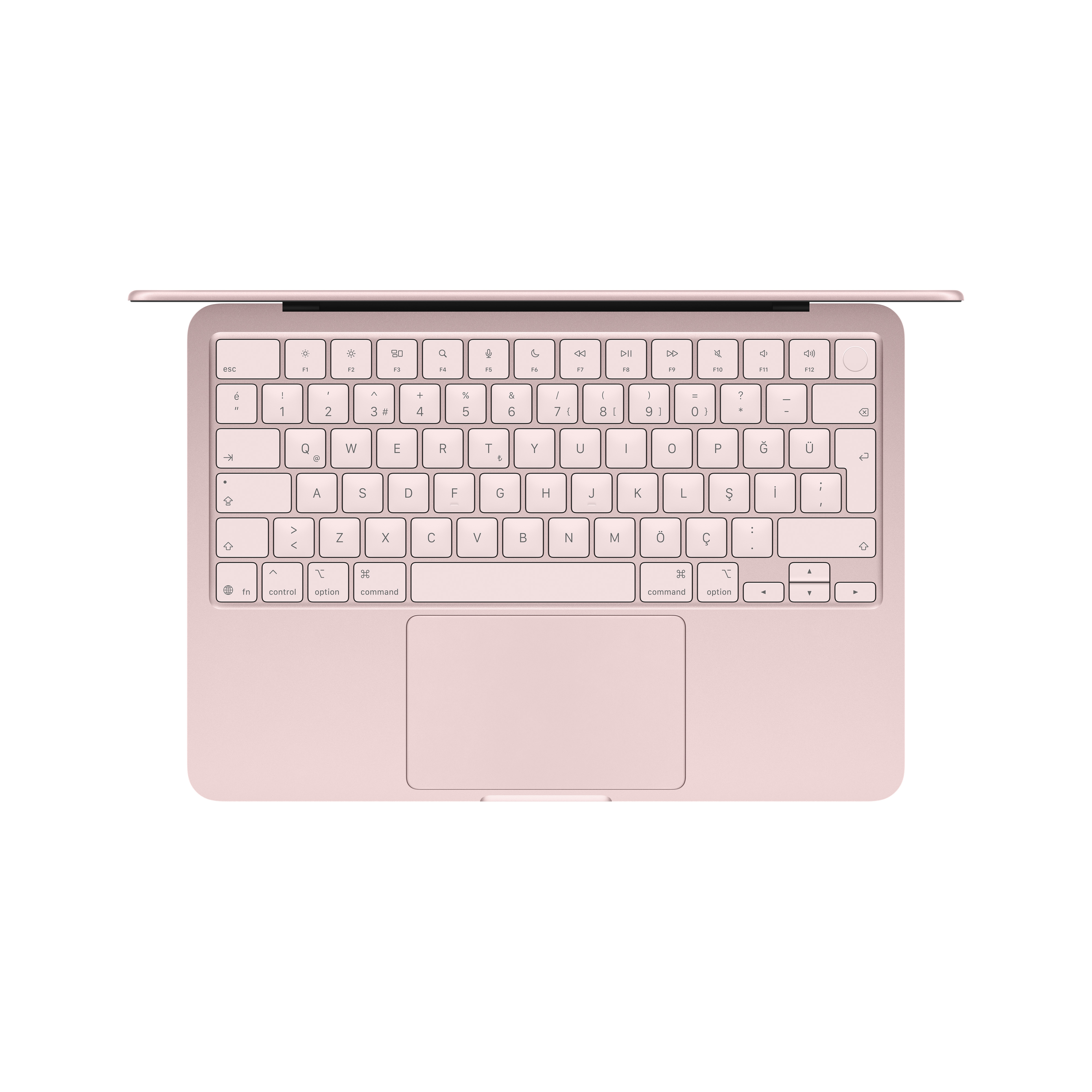 Pembe bir dizüstü bilgisayar üstten görünüm, klavye ve dokunmatik yüzey.