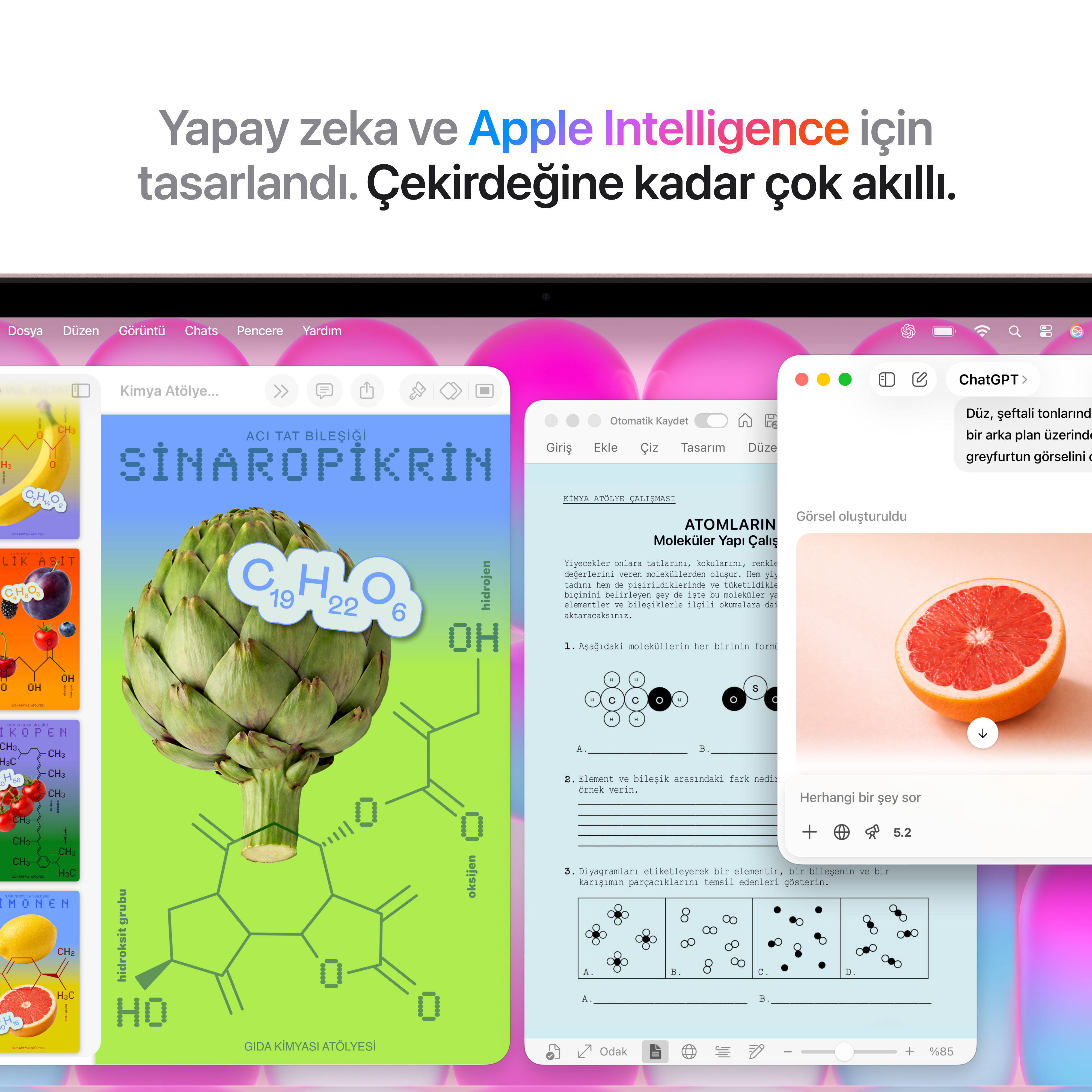 Çeşitli uygulamaları gösteren ekran: Kimya, ChatGPT, Notlar.