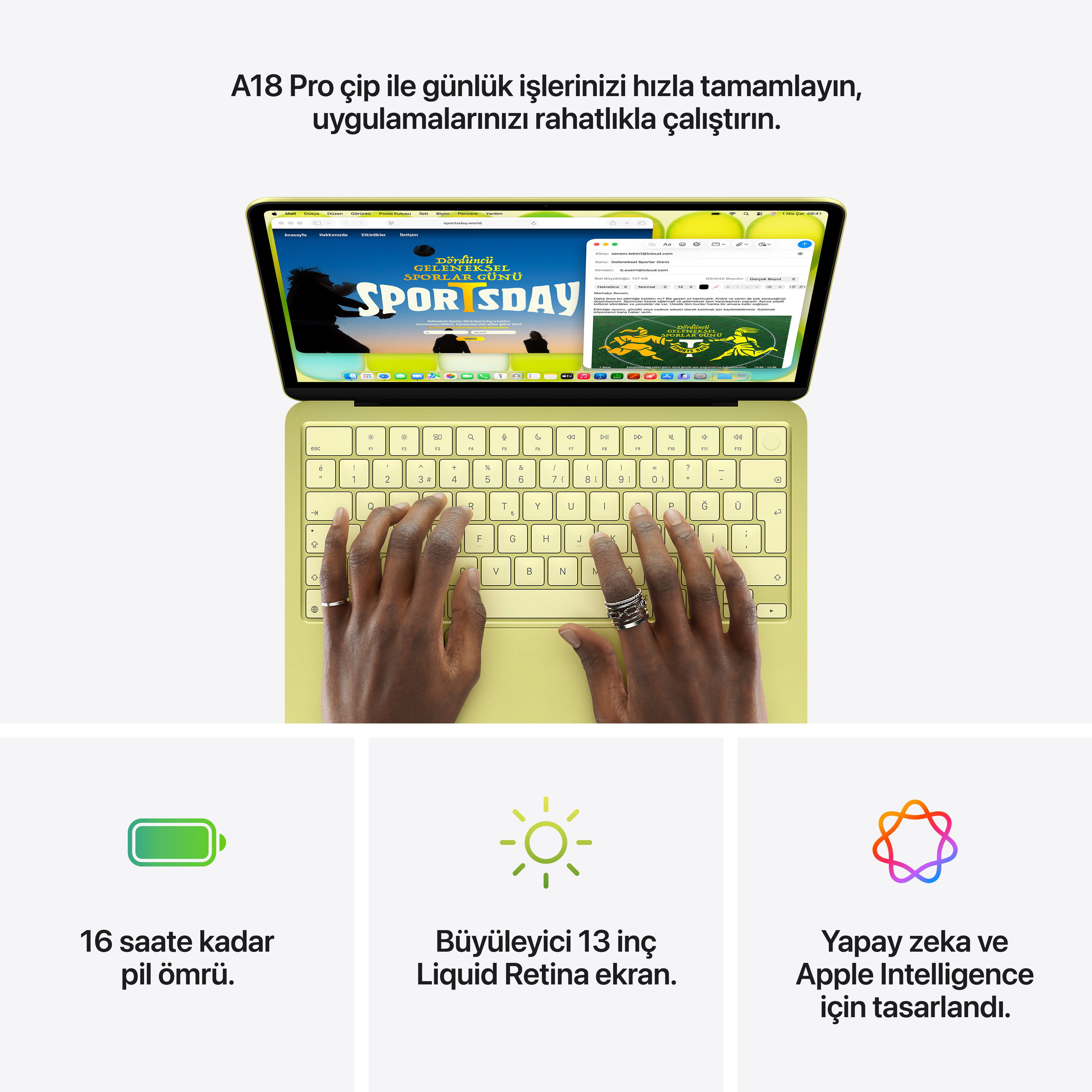 A18 Pro çipli, klavyede eller, pil, ekran ve yapay zeka ikonlu yeşil MacBook.