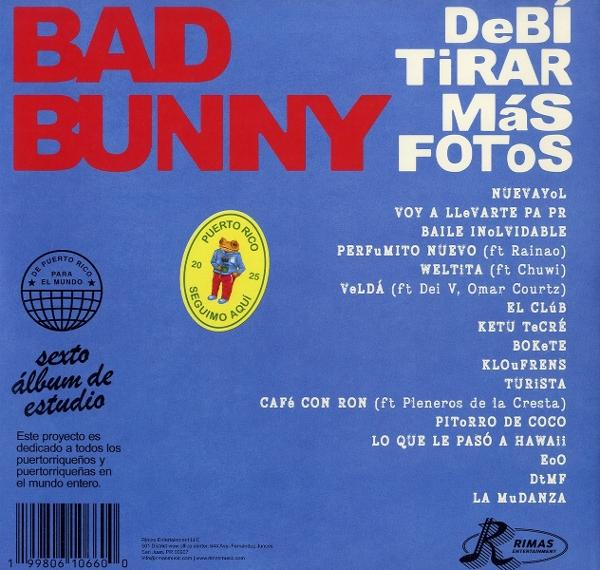 Albumcover mit rotem Text 'BAD BUNNY' auf blauem Hintergrund. Liederliste und Logos.
