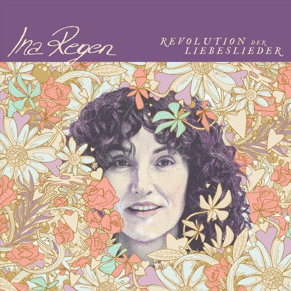 Porträt einer Frau mit dunklen Locken, umgeben von bunten Blumen.