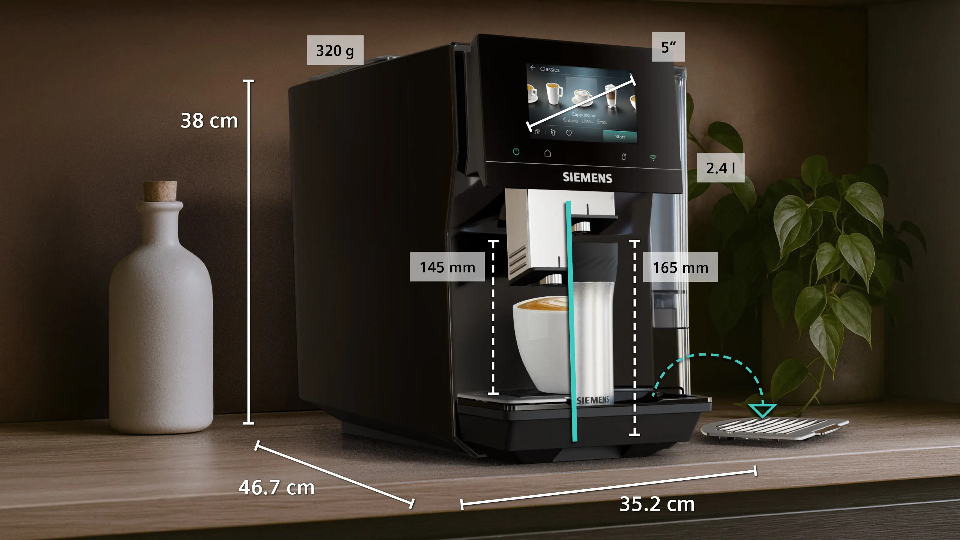 Czarna ekspres do kawy z ekranem dotykowym, filiżanką i dekoracją.