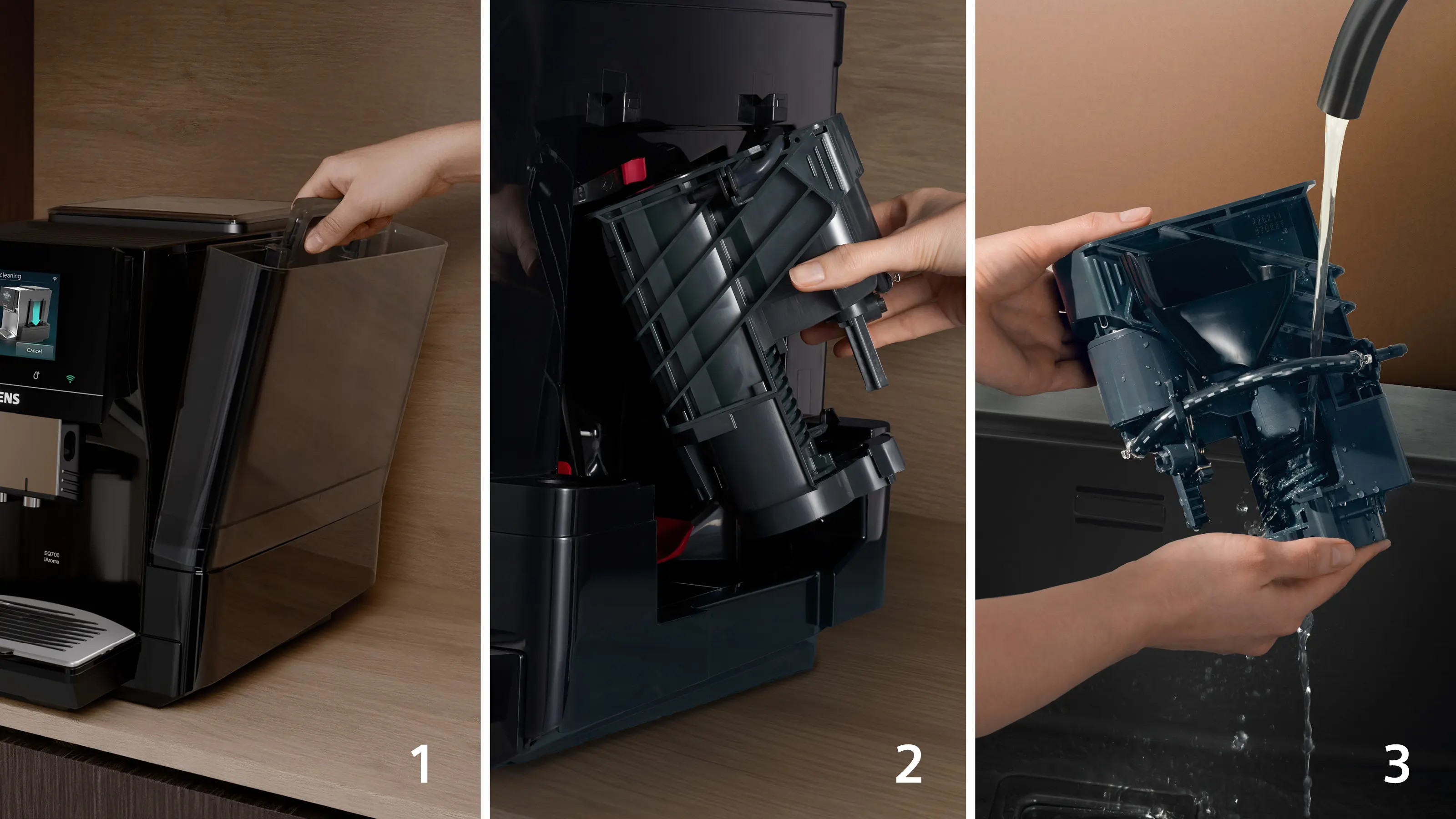 Czyszczenie ekspresu: wyjęcie zbiornika wody, wyjęcie bloku zaparzającego, płukanie części.