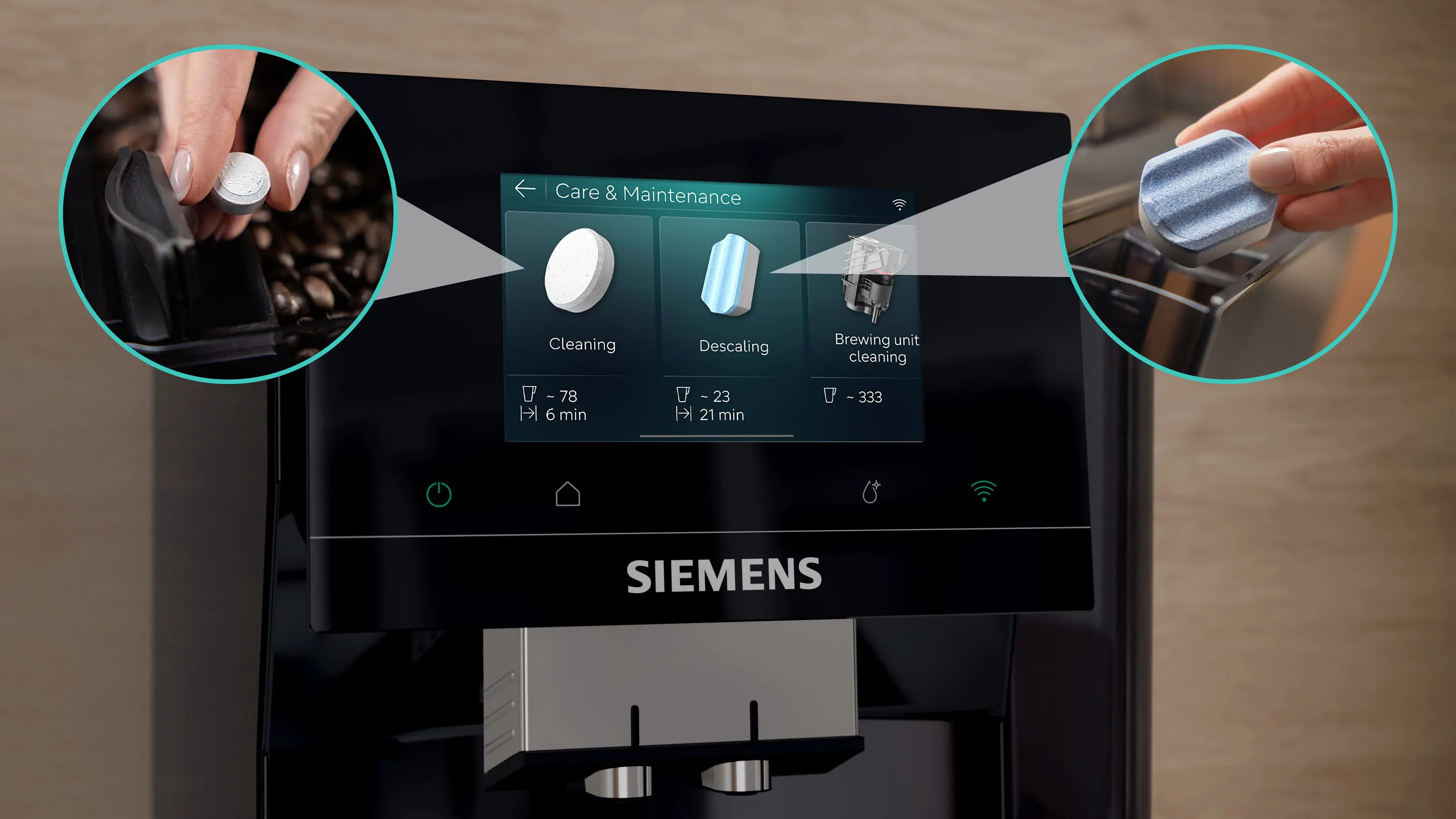 Ekspres Siemens z ekranem Pielęgnacja i konserwacja. Czyszczenie, Odkamienianie, Jednostka.