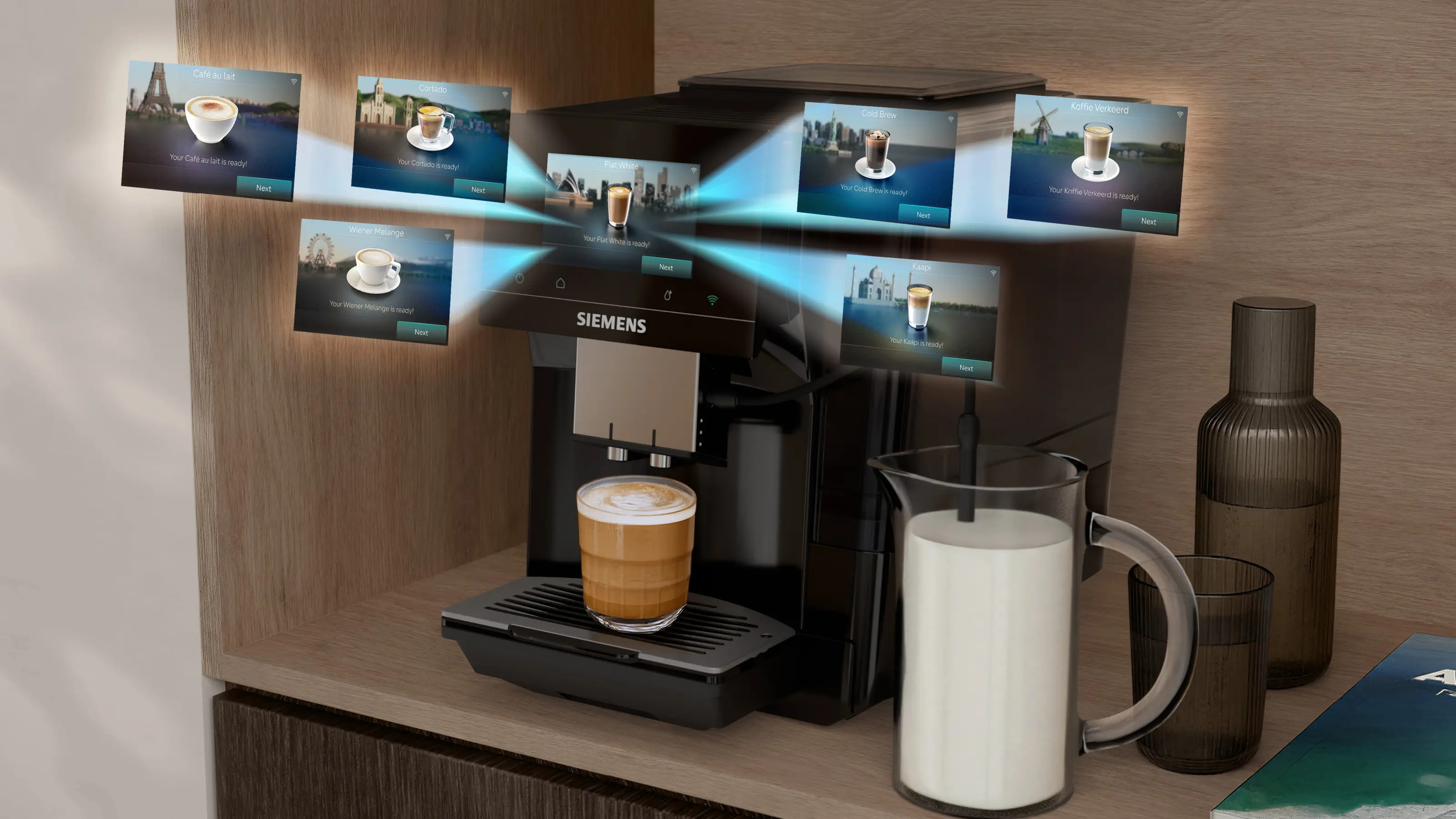 Ekspres do kawy wyświetlający różne opcje kawy na ekranie dotykowym.