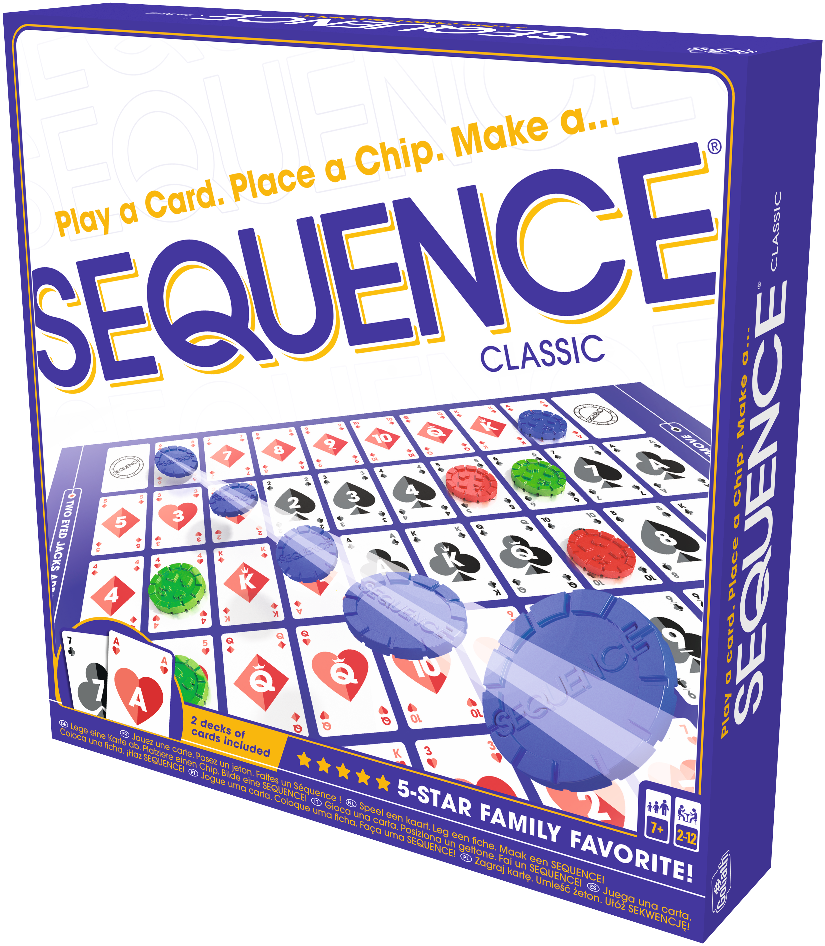 Plateau Sequence Classic avec cartes et jetons rouges, bleus et verts.