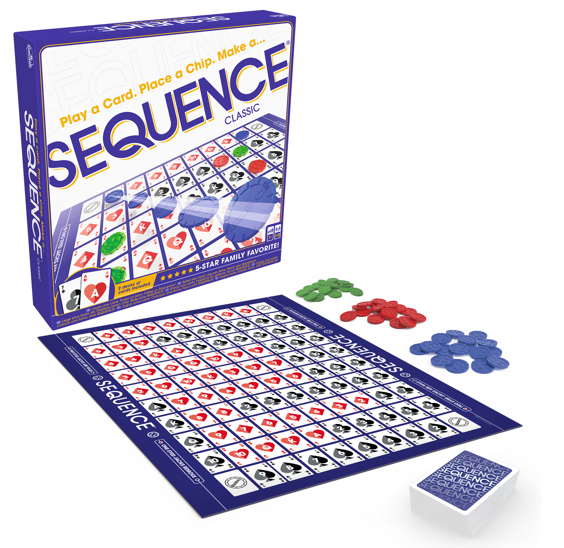 Le jeu Sequence avec plateau, cartes et jetons rouges, bleus et verts.