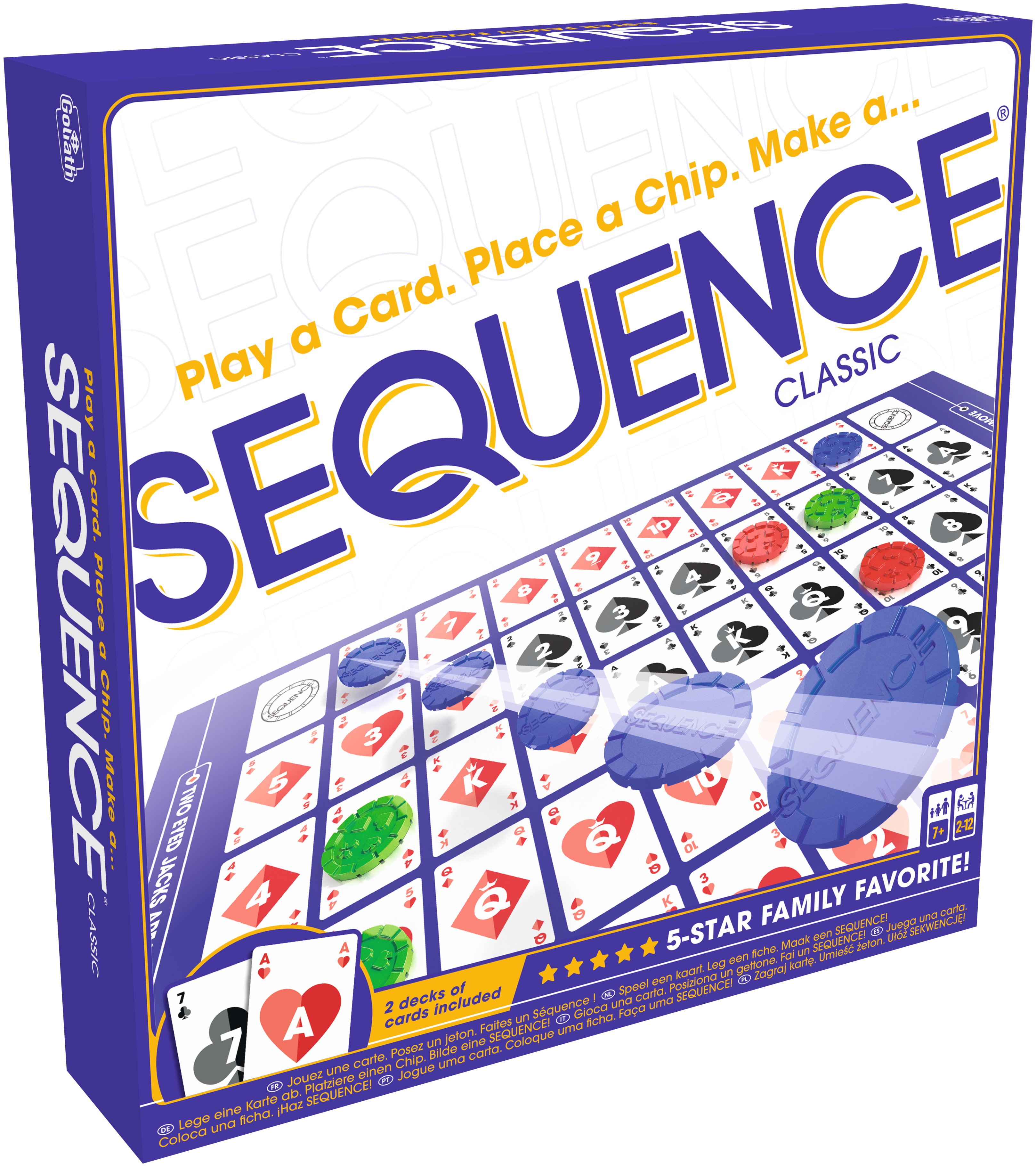 La boîte de jeu montre le jeu SEQUENCE avec cartes à jouer et jetons.