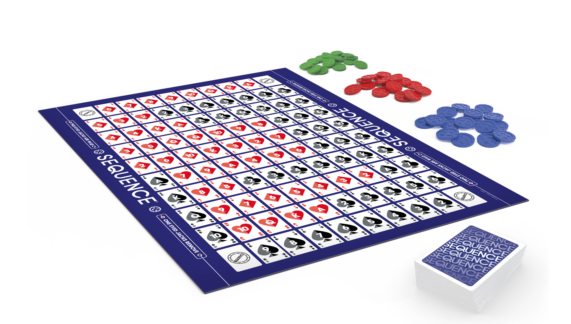 Sequence bordspel met fiches en kaartendeck op zwarte achtergrond.