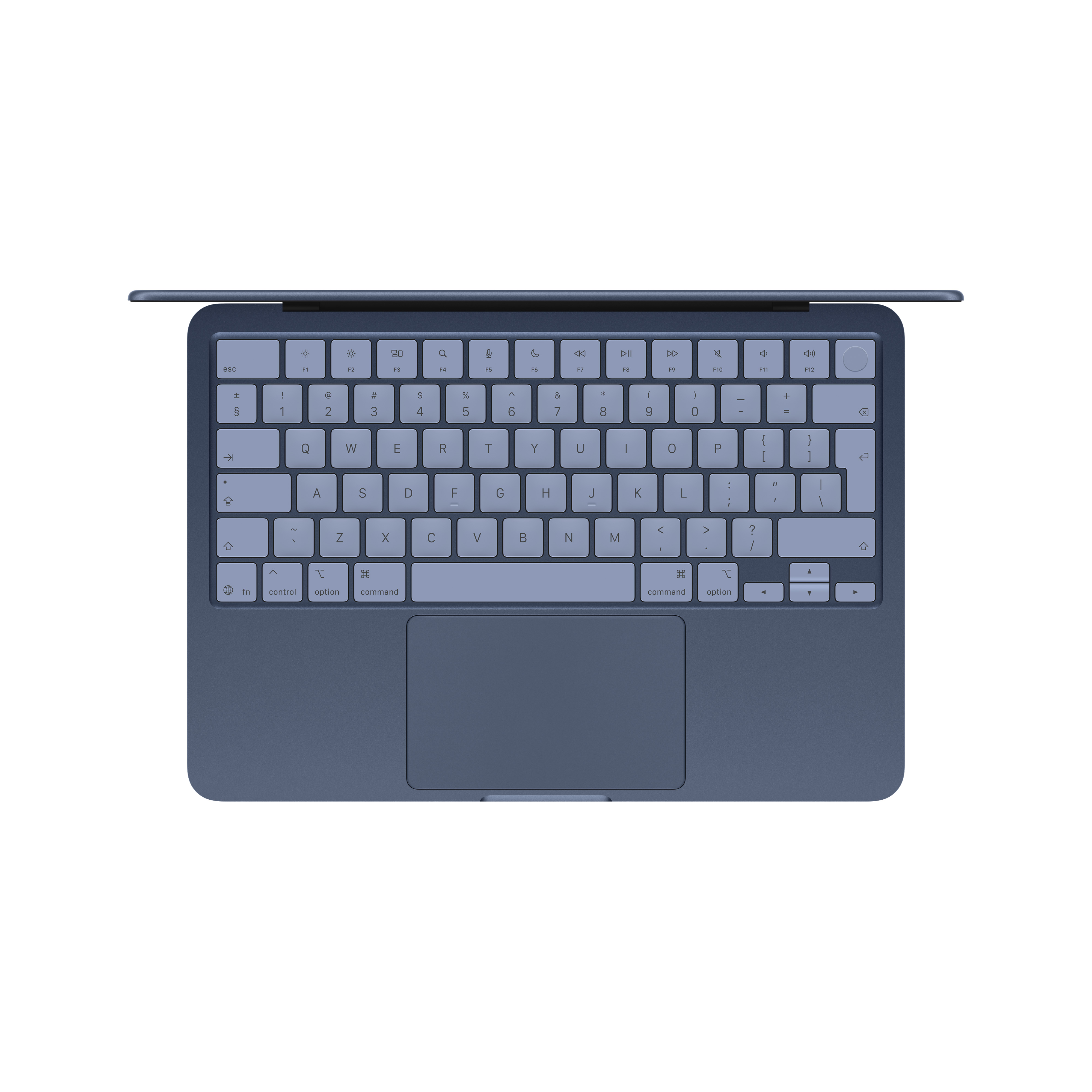 Eine blaue Tastatur mit Touchpad, aus der Vogelperspektive.