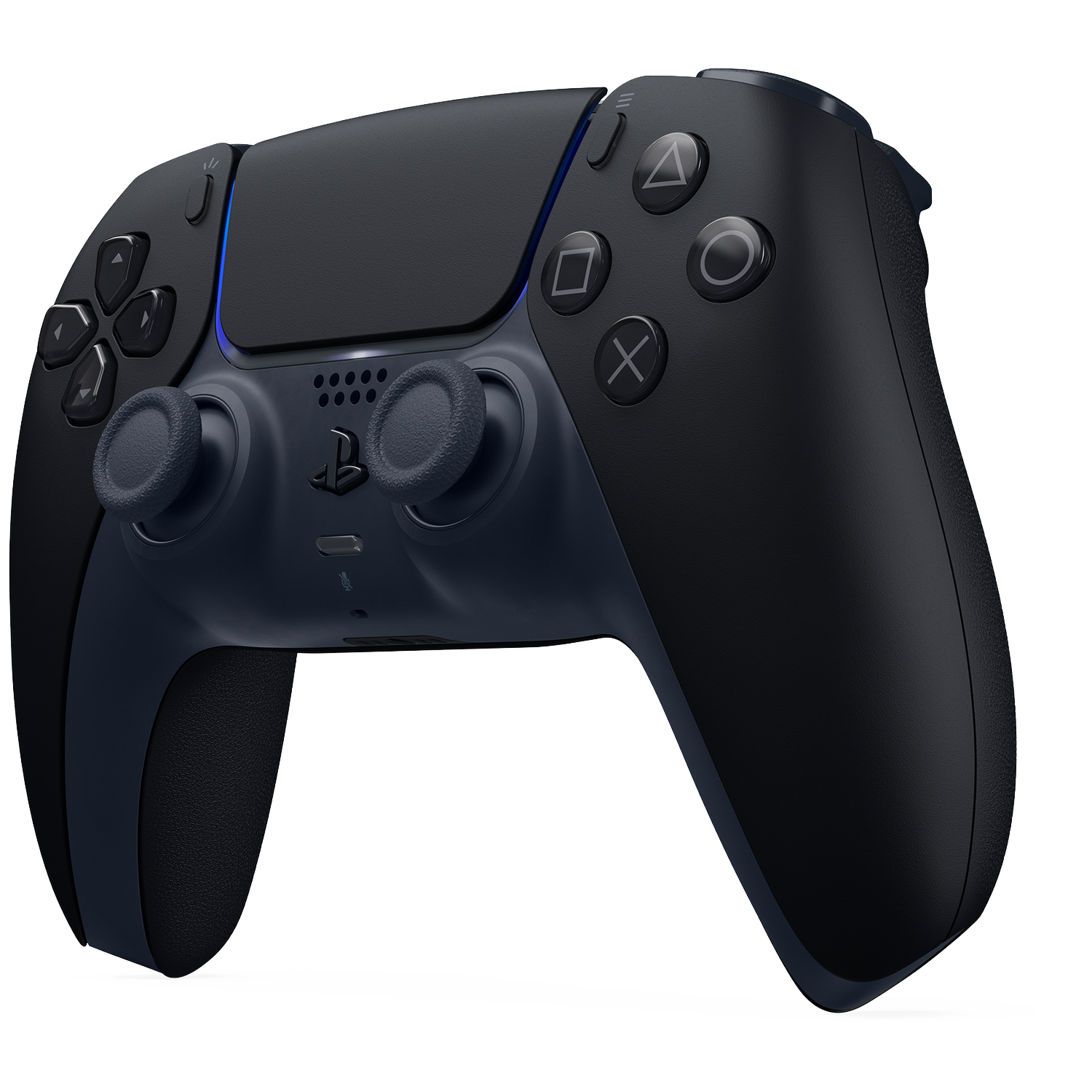 Zwarte en donkerblauwe controller met verlichte knoppen en joysticks.