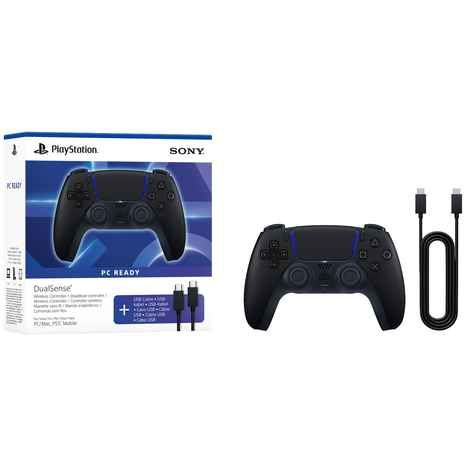 Zwarte PlayStation DualSense controller met blauwe lichtstrip en USB-kabel.
