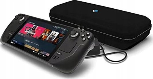 Czarny przenośny komputer do gier z etui i kablem ładującym.