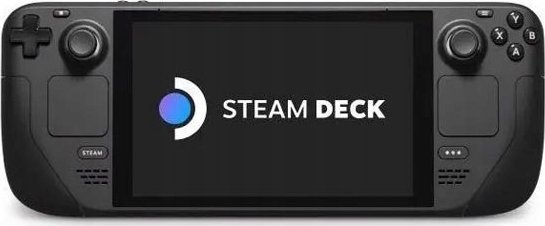 Czarna konsola ręczna Steam Deck z logo Steam i napisem "STEAM DECK".