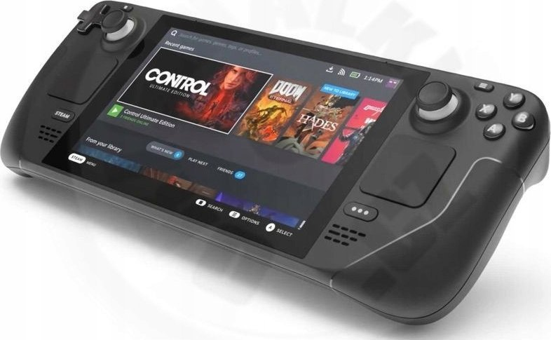 Czarna konsola ręczna Steam Deck pokazująca bibliotekę gier.