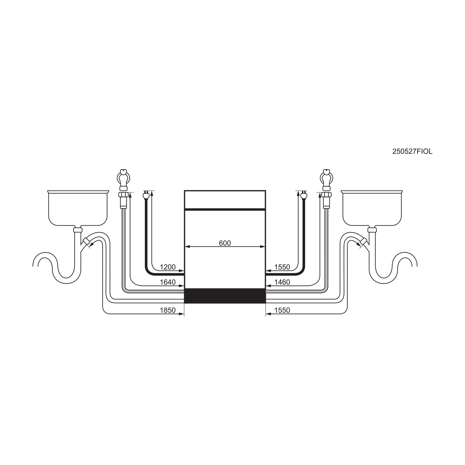 Disegno tecnico di un doppio lavello con tubi di scarico e dimensioni.