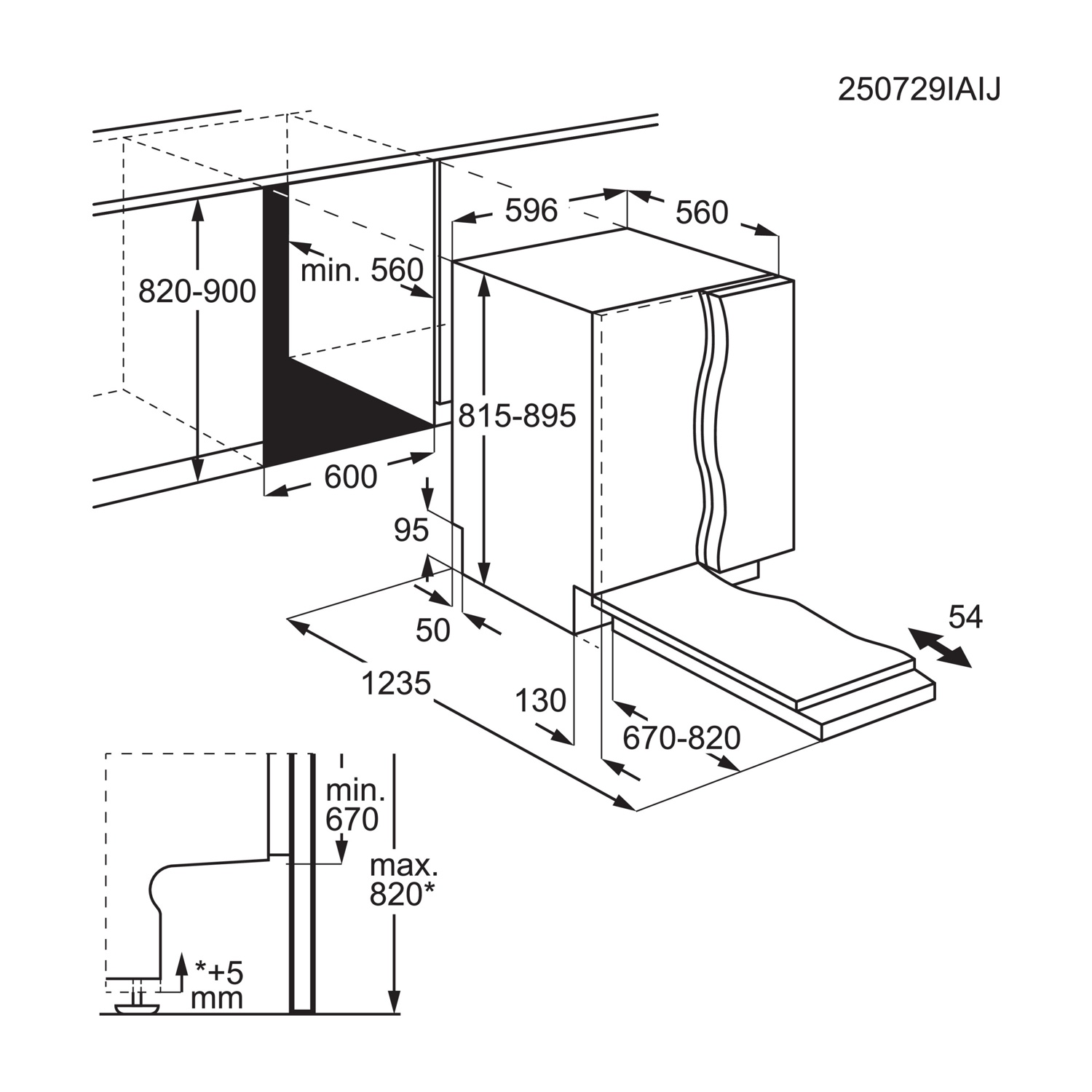 Disegno tecnico di una lavastoviglie con dimensioni e dettagli di installazione.