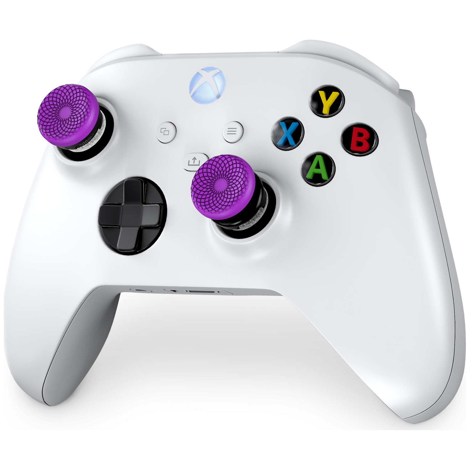 Een witte Xbox controller met paarse thumbstick grips en gekleurde face buttons.