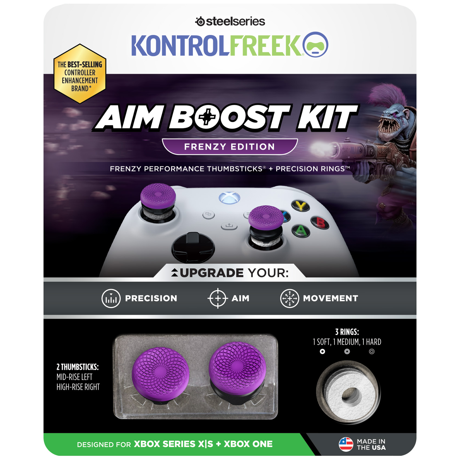 Xbox controller met paarse thumb grips en precisieringen, Aim Boost Kit.