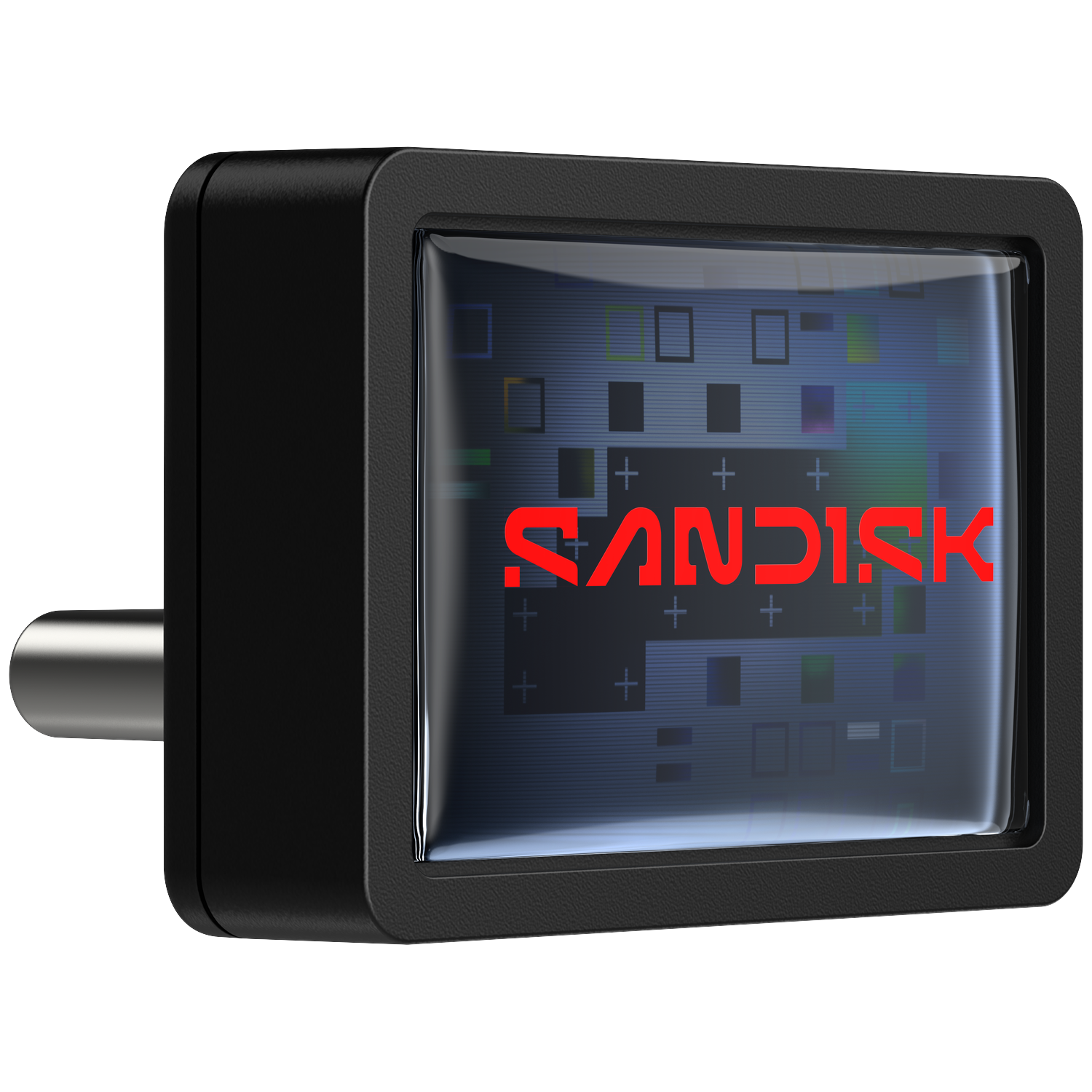 A black plug with a small screen displaying the text SAN DISK in red.
