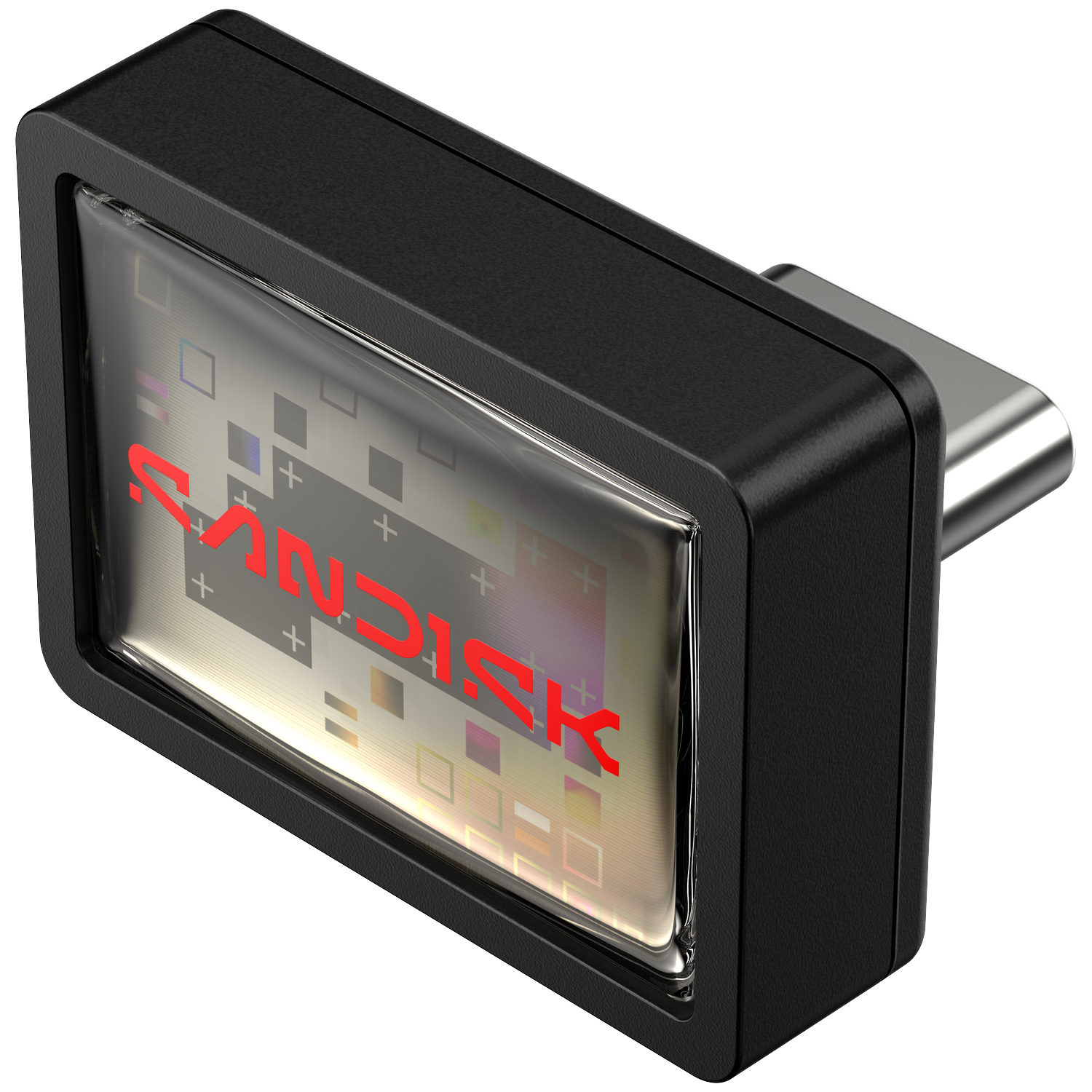 A black USB-C storage device with a red SanDisk logo and test patterns.