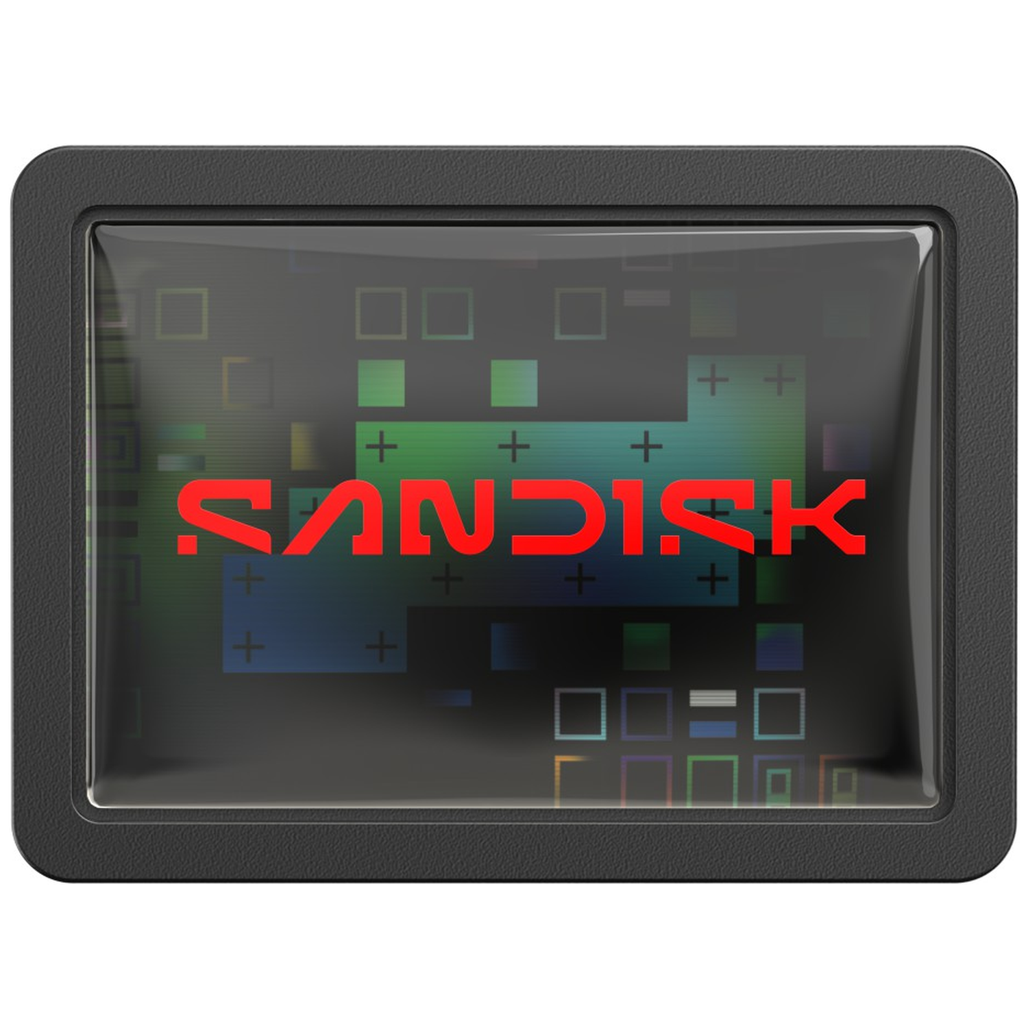 Sandisk logo on black background with colorful squares and crosses.