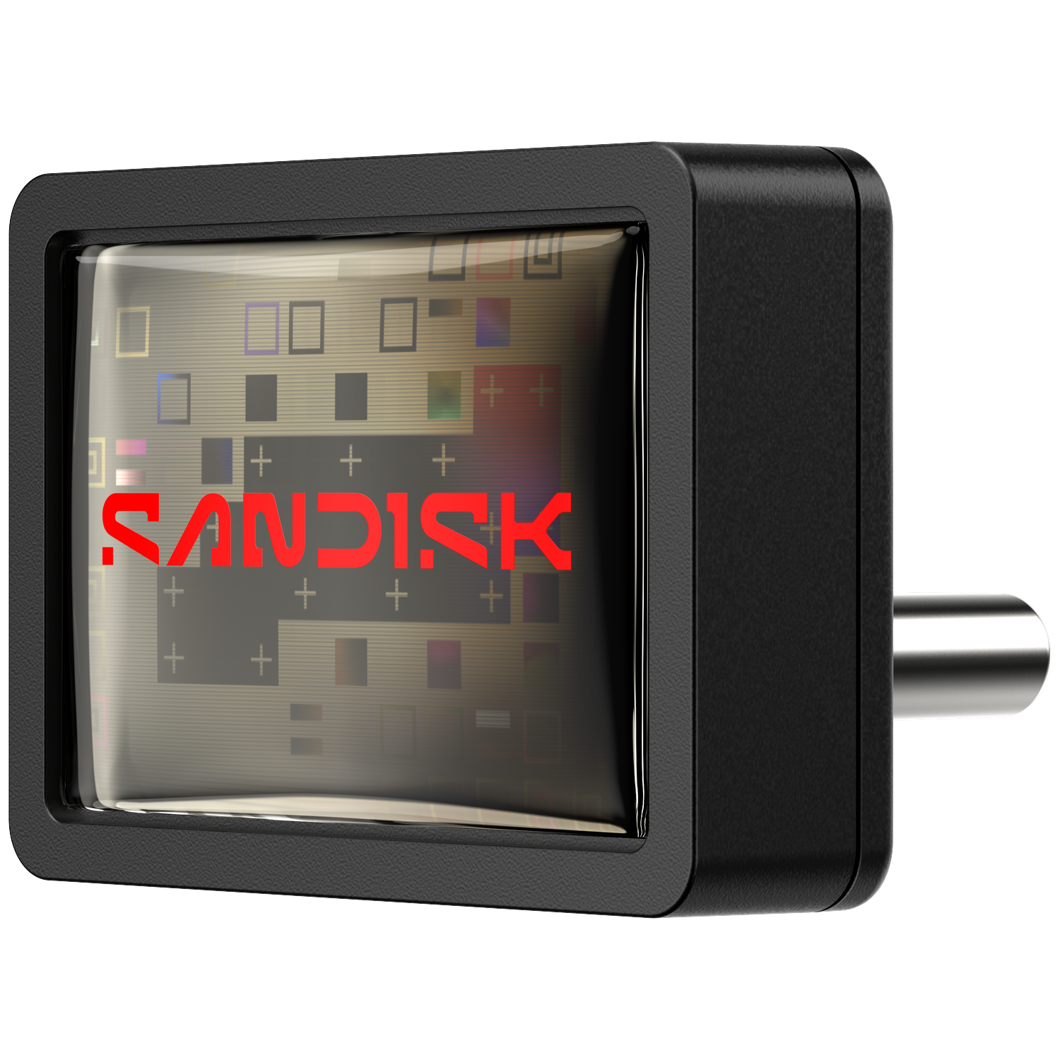 A black device with a screen showing the Sandisk logo and test patterns.