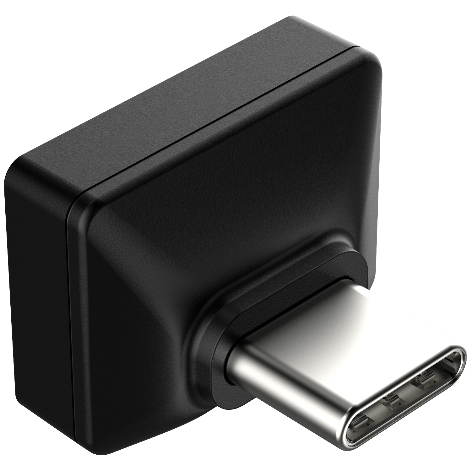 A black USB-C adapter with a silver connector on a black background.