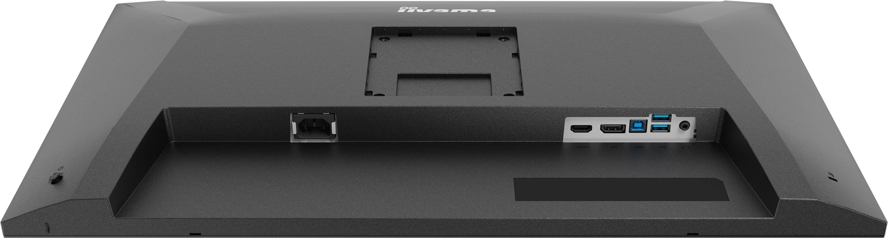 Rückseite eines schwarzen Monitors mit Anschlüssen: Strom, HDMI, DP, USB-A, Audiobuchse.