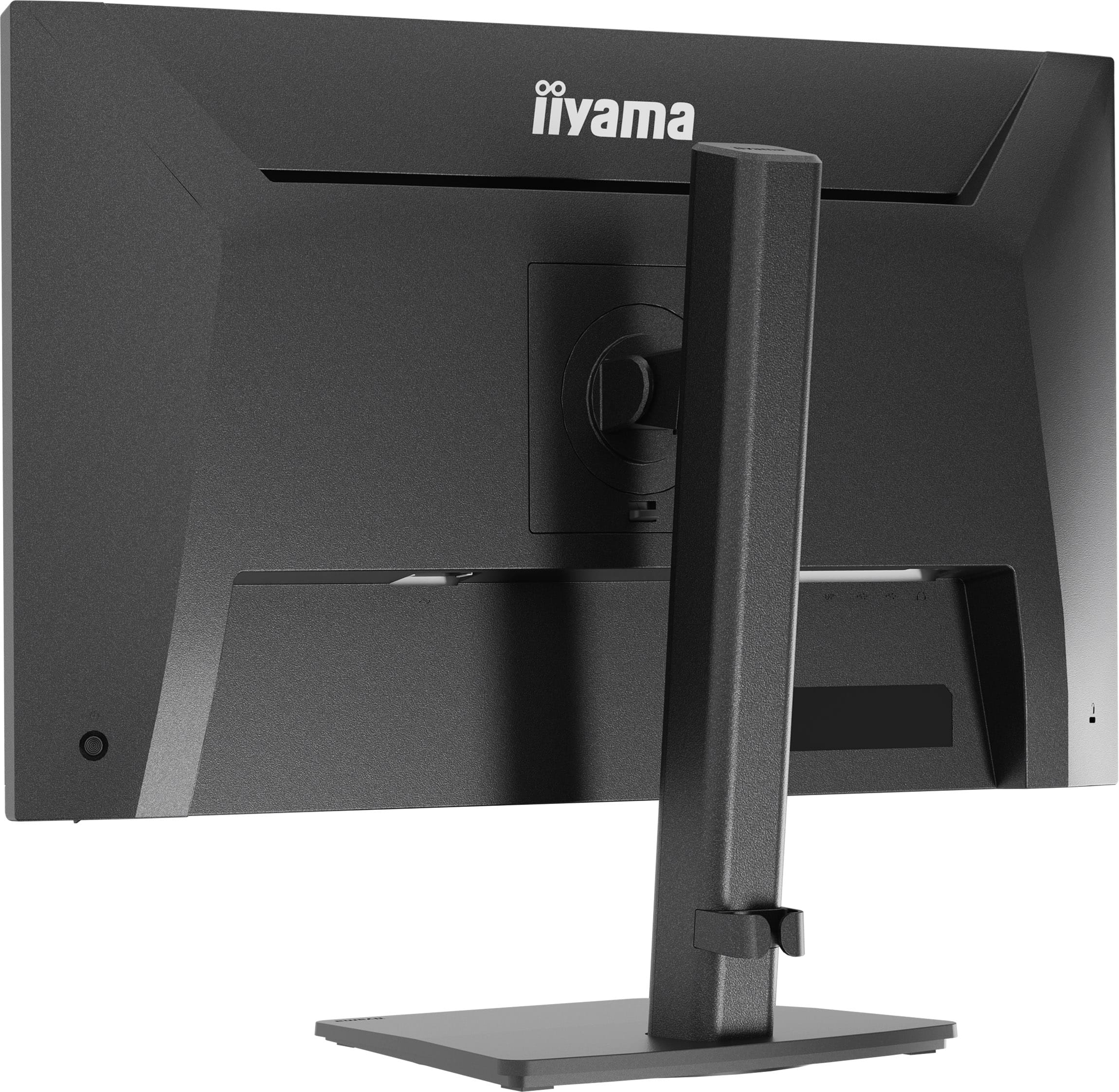 Rückseite eines schwarzen Monitors mit iiyama-Logo und Standfuß.