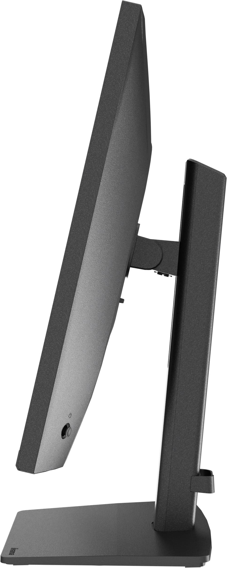 Schwarzer Computermonitor von der Seite auf einem weißen Hintergrund.