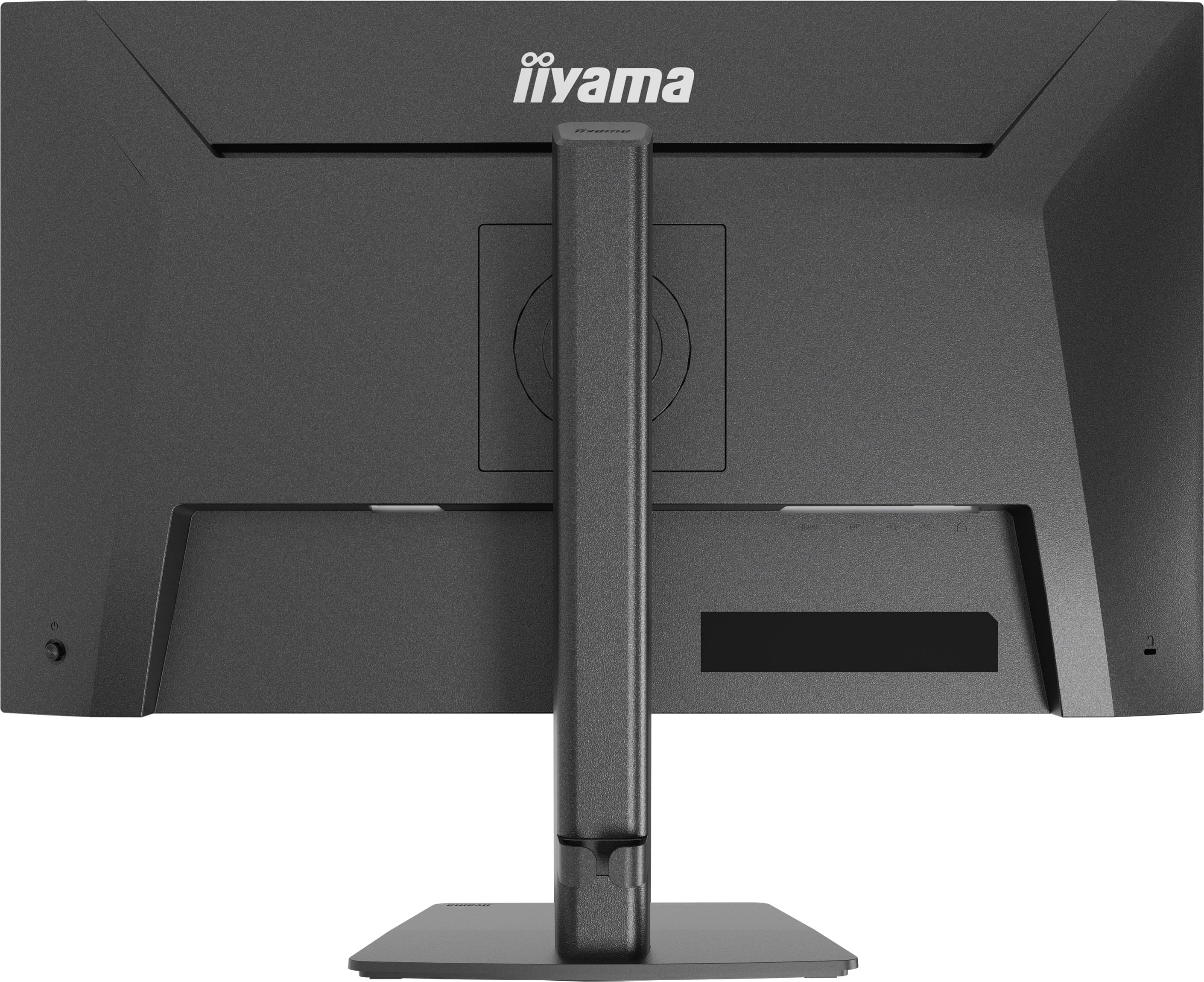 Rückseite eines schwarzen iiyama Monitors mit Standfuß und Anschlüssen.