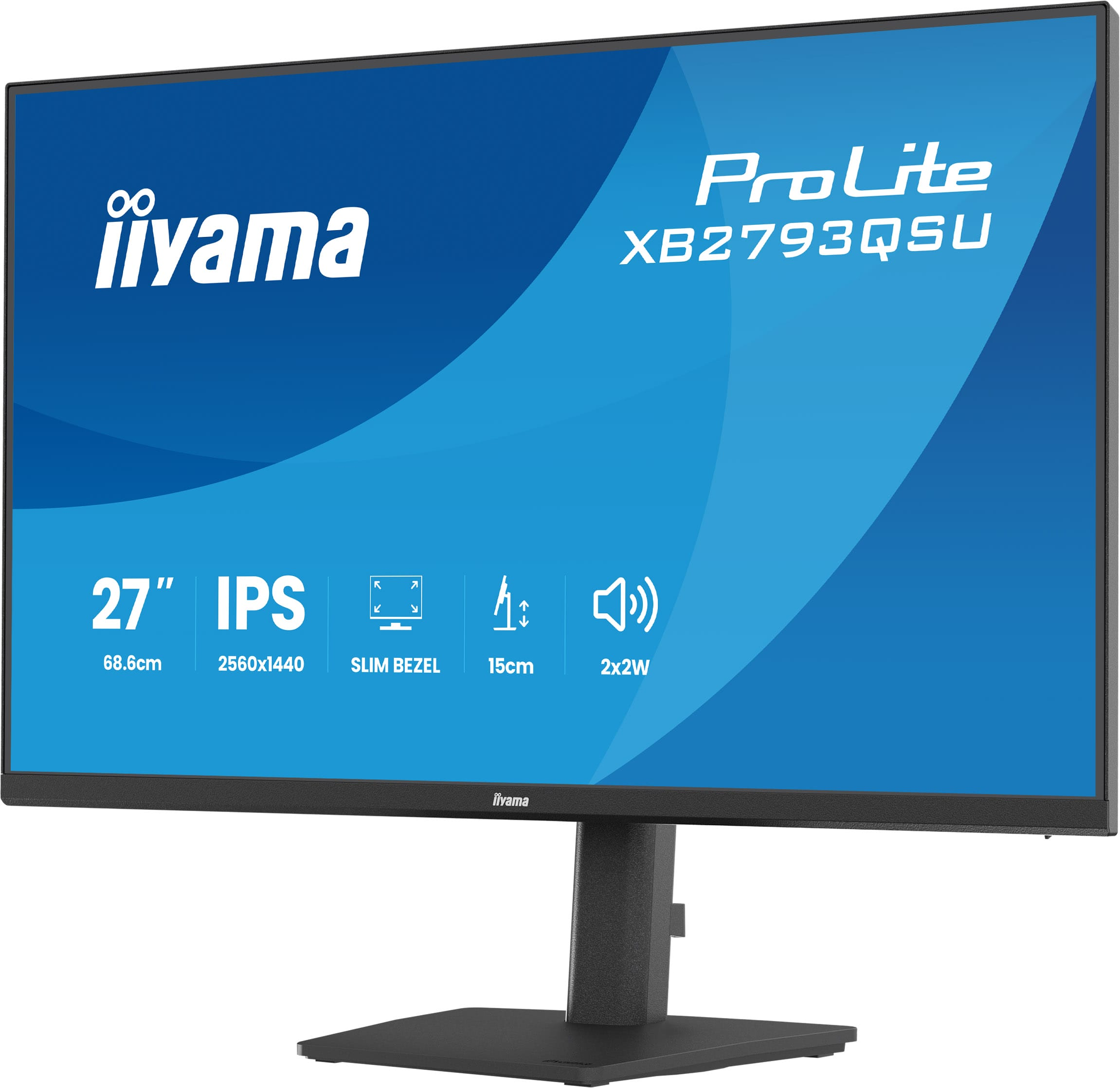 Ein silberner Iiyama Prolite Monitor mit 27 Zoll, IPS, 2560x1440 Auflösung und schlankem Rahmen.