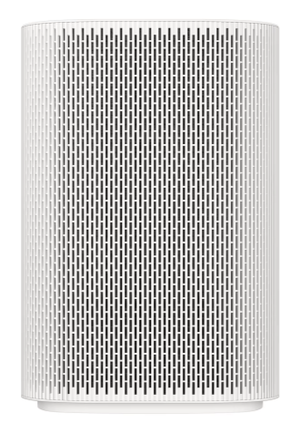 Biały oczyszczacz powietrza z perforowaną powierzchnią, na białym tle.