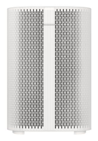 Biały oczyszczacz powietrza z pionowymi rowkami i centralnym pionowym pasem.