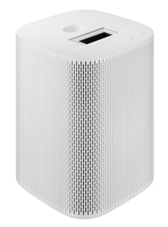 Biały głośnik w kształcie sześcianu z pionowymi otworami wentylacyjnymi i panelem sterowania.