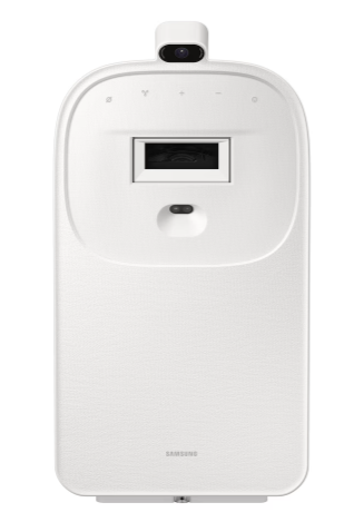 Biały robot z kamerą i ekranem z przodu.