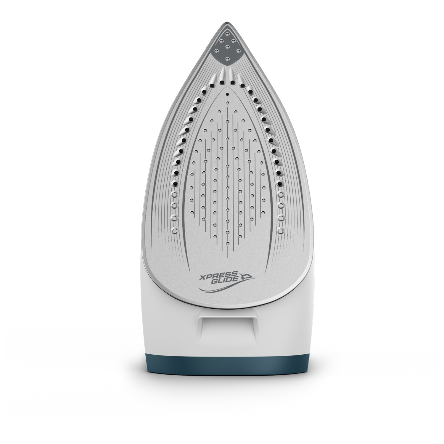 The sole of a white and blue iron with a silver soleplate.