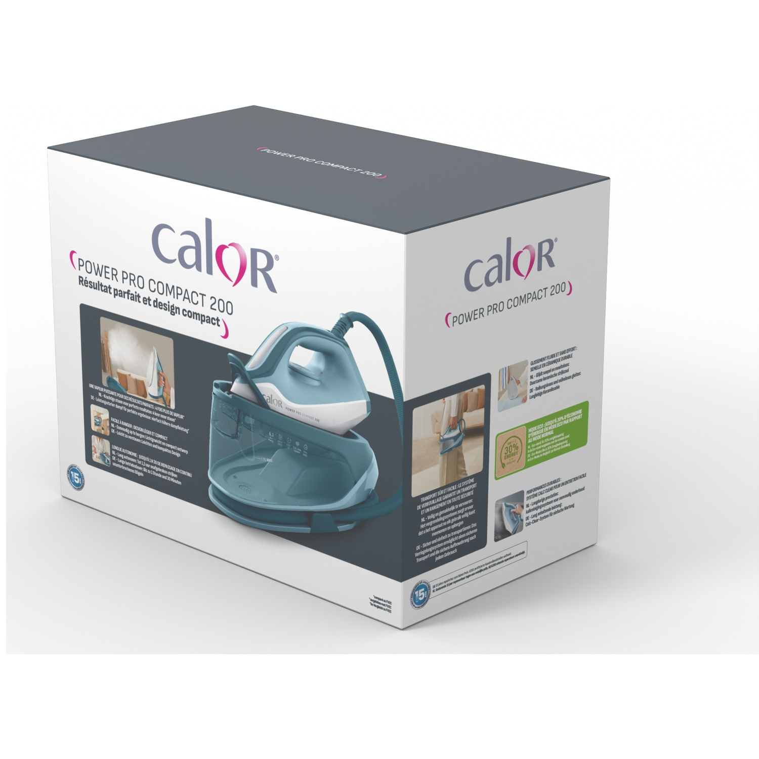 Calor Power Pro Compact 200 steam iron on a white box with product information.